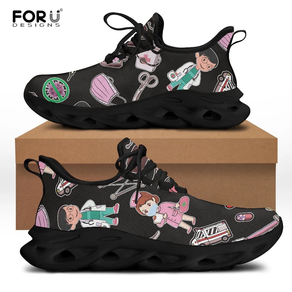FORUDESIGNS Cute Cartoon Women Nursing Shoes Comfort Women's Flats Female Casual Sneakers Flat Shoes Breathable Nurse Footwear