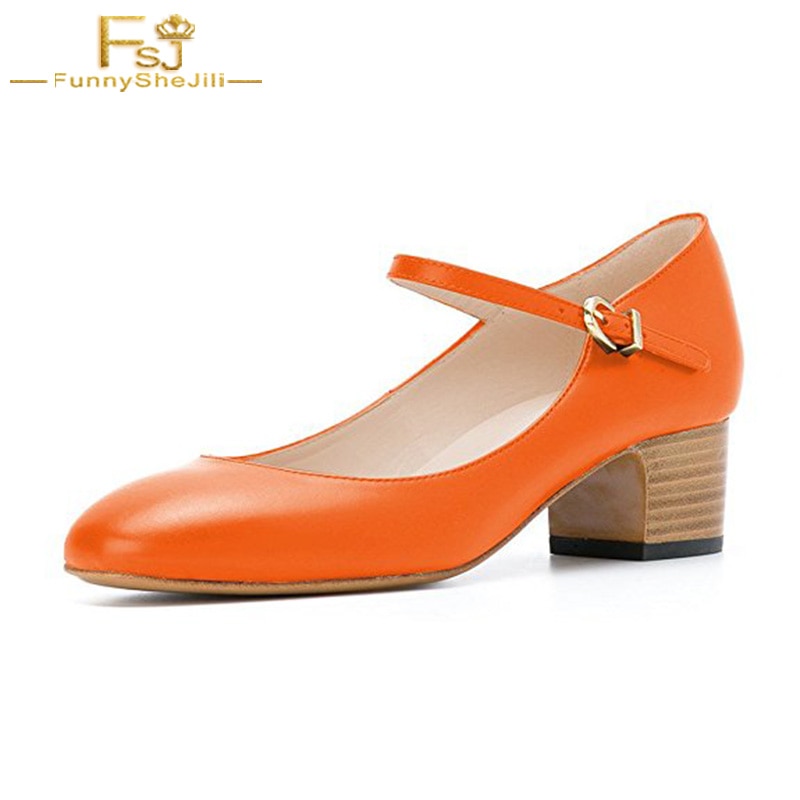 FSJ Orange Chunky Heel Mary Janes Round Toe Ankle Strap Leather Women Pumps Retro Date Dress Female Shoes 2021 Autumn Tan