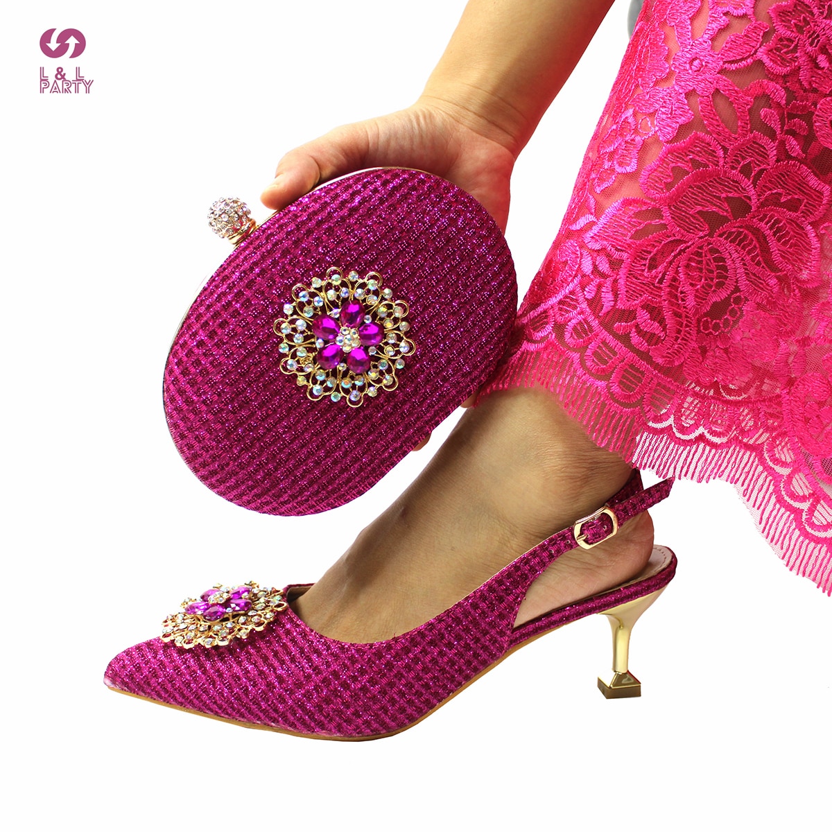 Fuchsia Color Christmas limit Comfortable Heels Pumps with Crystal African Ladies Shoes Matching Bag Set for Wedding Party