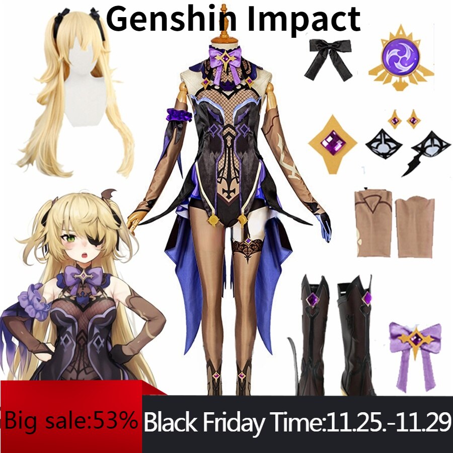 Game Genshin Impact Cosplay Fischl Costume Wigs Shoes Anime Outfits Sexy Dress Women Halloween Carnival Uniforms Wig Full Sets