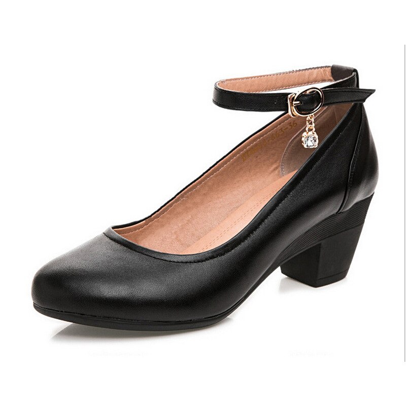 Genuine Leather shoes Women Round Toe Pumps Sapato feminino High Heels Shallow Fashion Black Work Shoe Plus Size 32-43