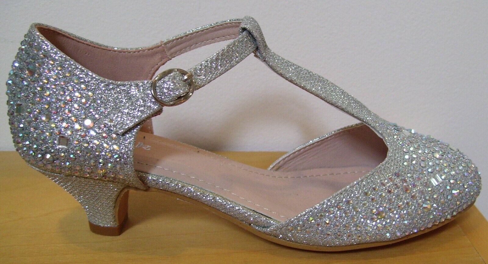 Girls Link Jemma 12K Silver T Strap Rhinestone Party Dress Shoes Sz 3