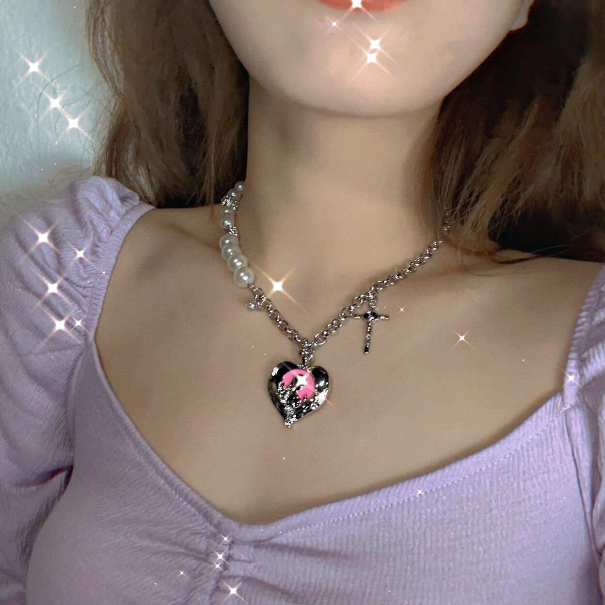 Gothic Heart Pendant Necklace for Women Choker Aesthetic Grunge Chain Pearls accessories EGIRL Indie Collar Jewelry Friends Gift