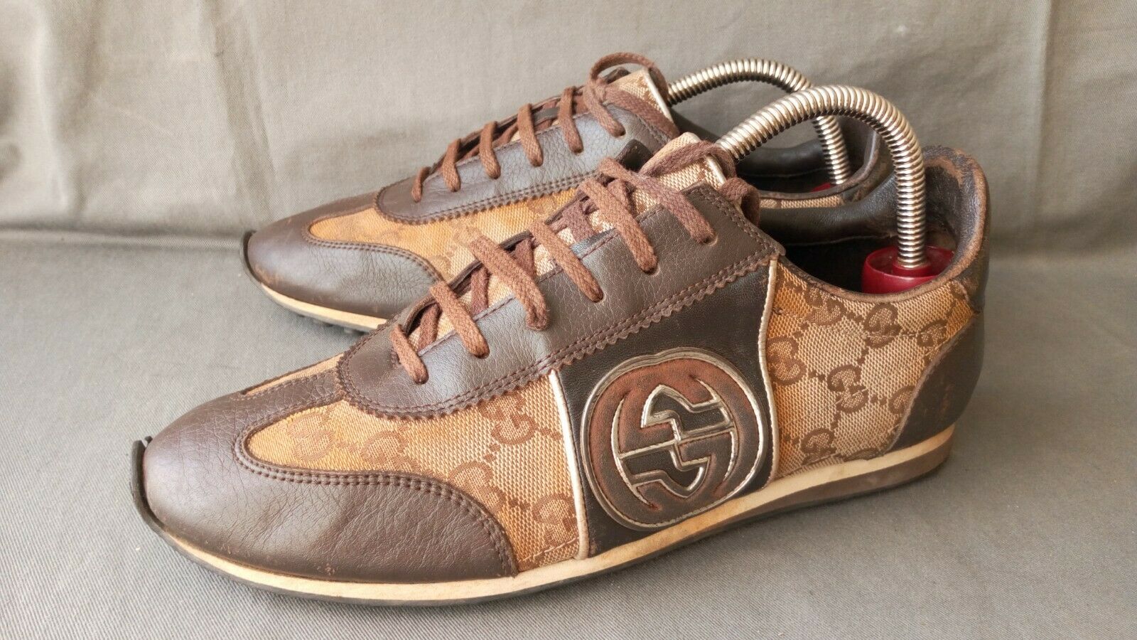 GUCCI 202744 Brown Leather/Canvas Lo Top Sneaker Shoes Sz-5G 6US Made in Italy