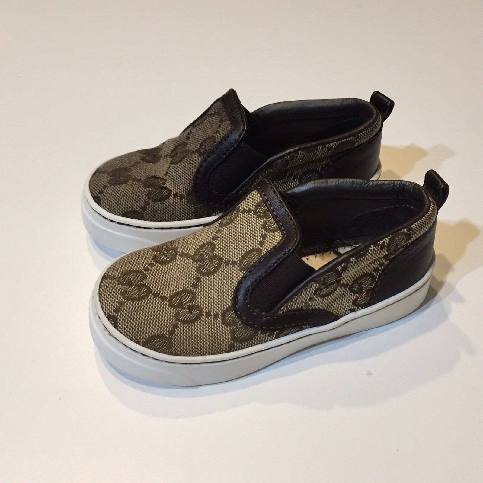 Gucci Shoes Slip On Gucci Logo Canvas Brown White Size 5 Toddler 257787 21