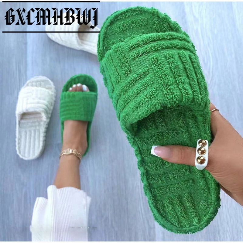 GXCMHBWJ 2021 Fashion Women Slippers Flat Furry Ladies Winter Home Shoes Thick Bottom Female Comfortable Open Toe Slipper Lndoor