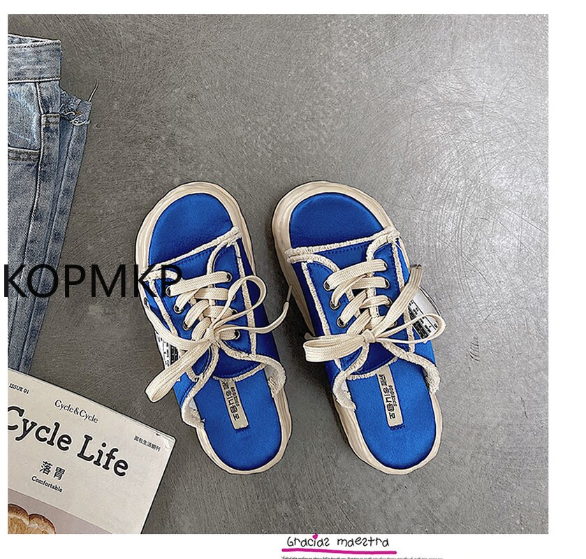 Half Slippers Women's Summer Outdoor Wear 2021new Influencer Fashion White Sandals Canvas Semi Slippers Women's Shoes