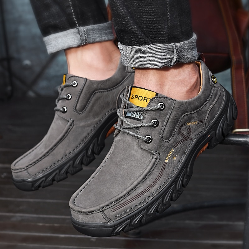 Handmade Genuine Leather Men's Hiking Shoes Hot Sale Cheap simple Fashionable Mens Platform Waterproof Non Slip Sneakers