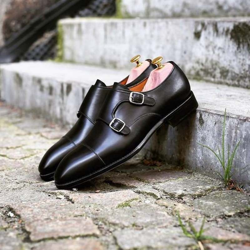 Handmade Men Black Pu Leather Monk Trendy Fashion Business Dress Shoes Comfortable and Versatile Everyday Casual HL139
