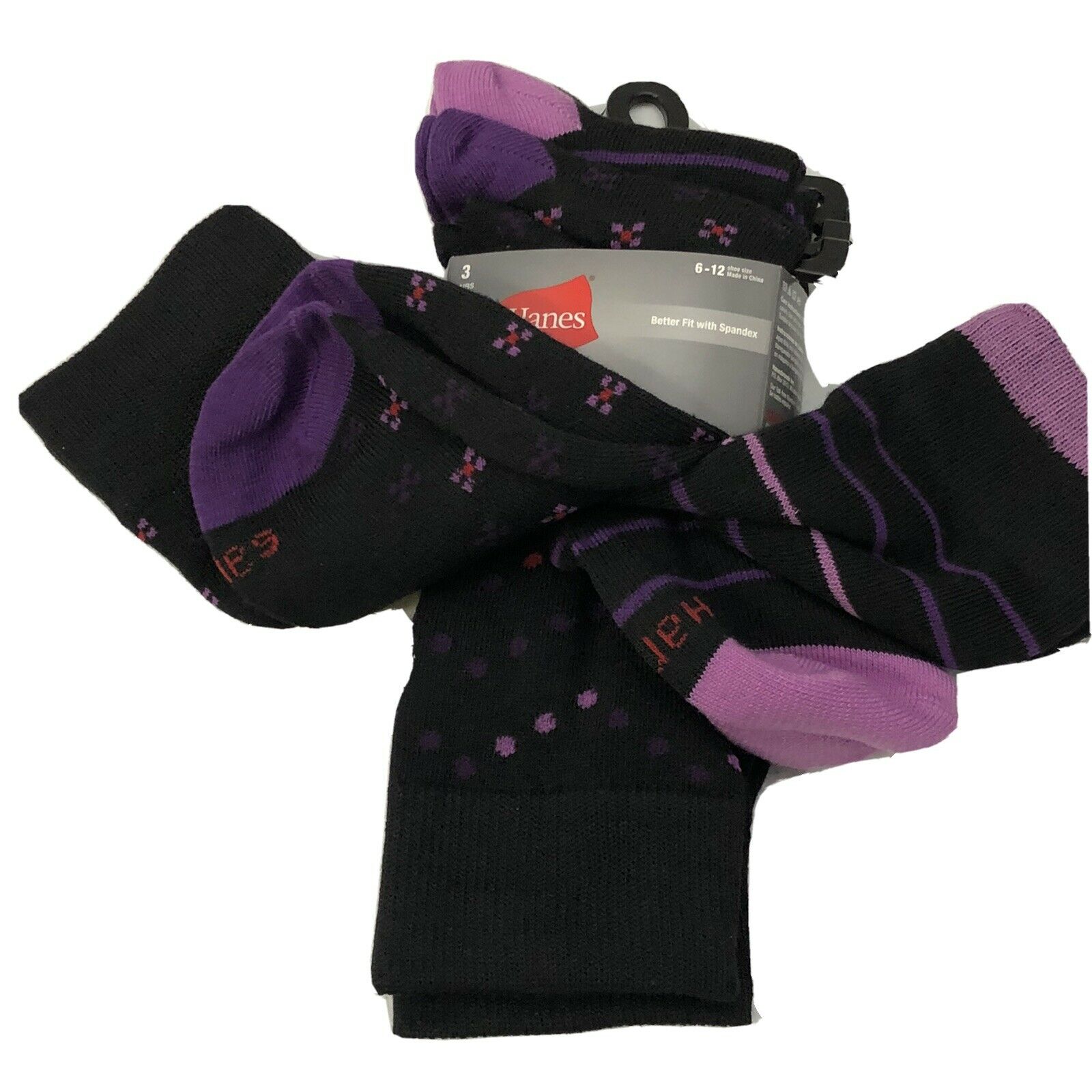 Hanes PREMIUM Mens Socks 3 Pair Black Purple Red Pink 6-12 Shoe Size Better Fit