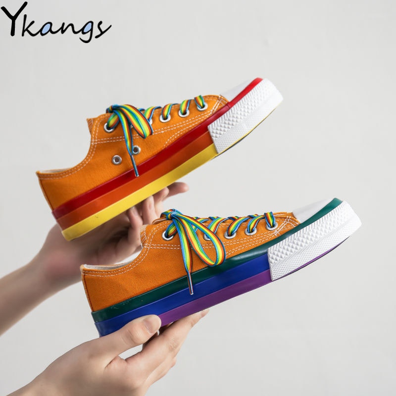 Harajuku Rainbow Canvas Shoes Women Casual Wild Lace-up Low Top Flat Sneakers 2020 Yellow Fashion Student Streetwear Flats White