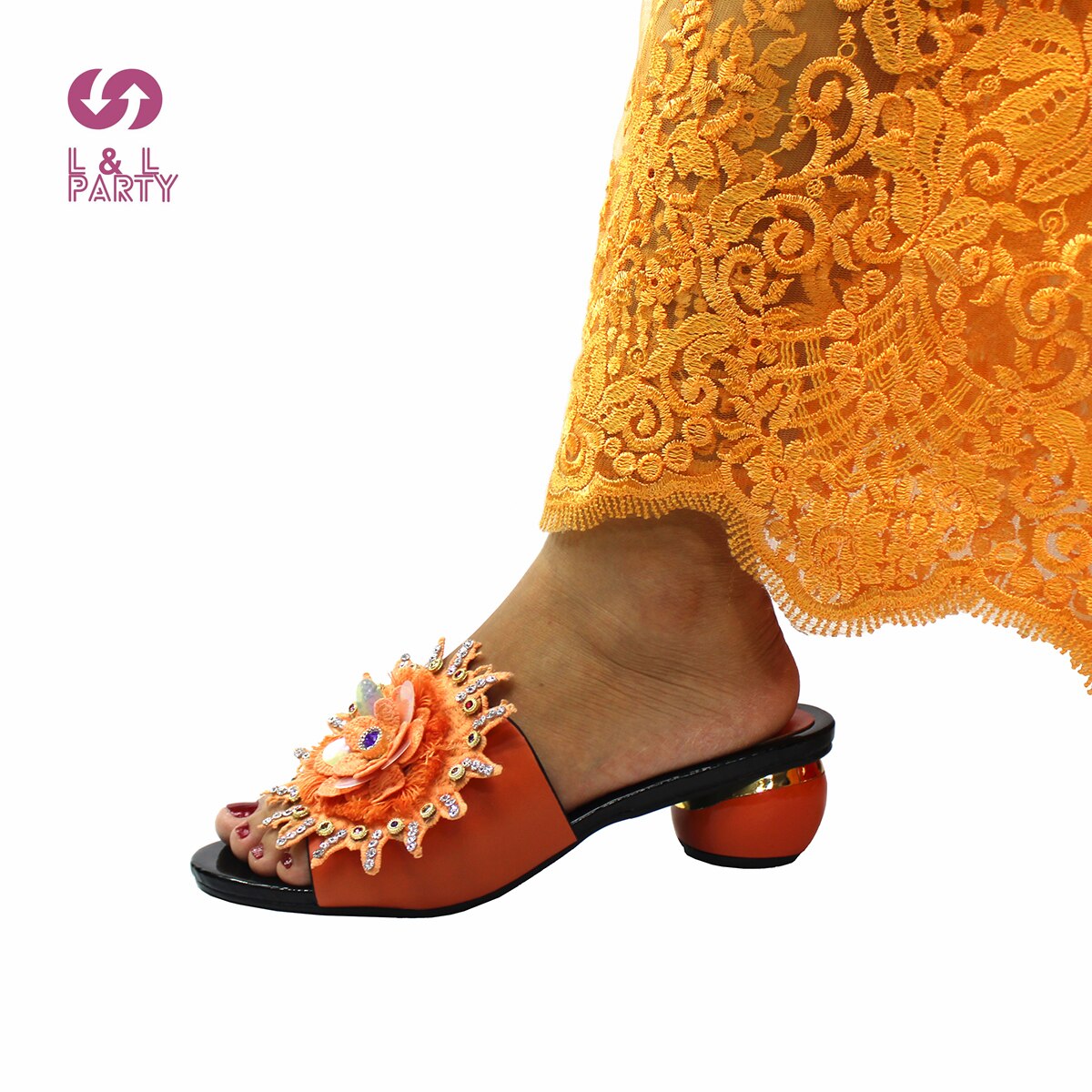 High Quality New Design Fashion Nigerian Women Shoes in Orange Color Decorate with Rhinestone Slingbacks Slipper for Wedding