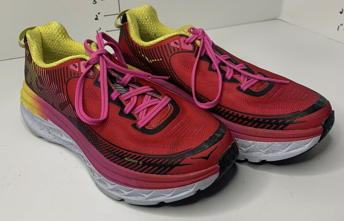 Hoka one one bondi 5 athletic running/ walking shoes pink and yellow Women’s 7.5