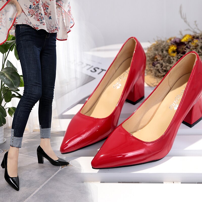 Hot New Women Pumps Black High heels 7.5cm Lady Patent leather Thick with Autumn Pointed Single Shoes Female Sandals Big33-43