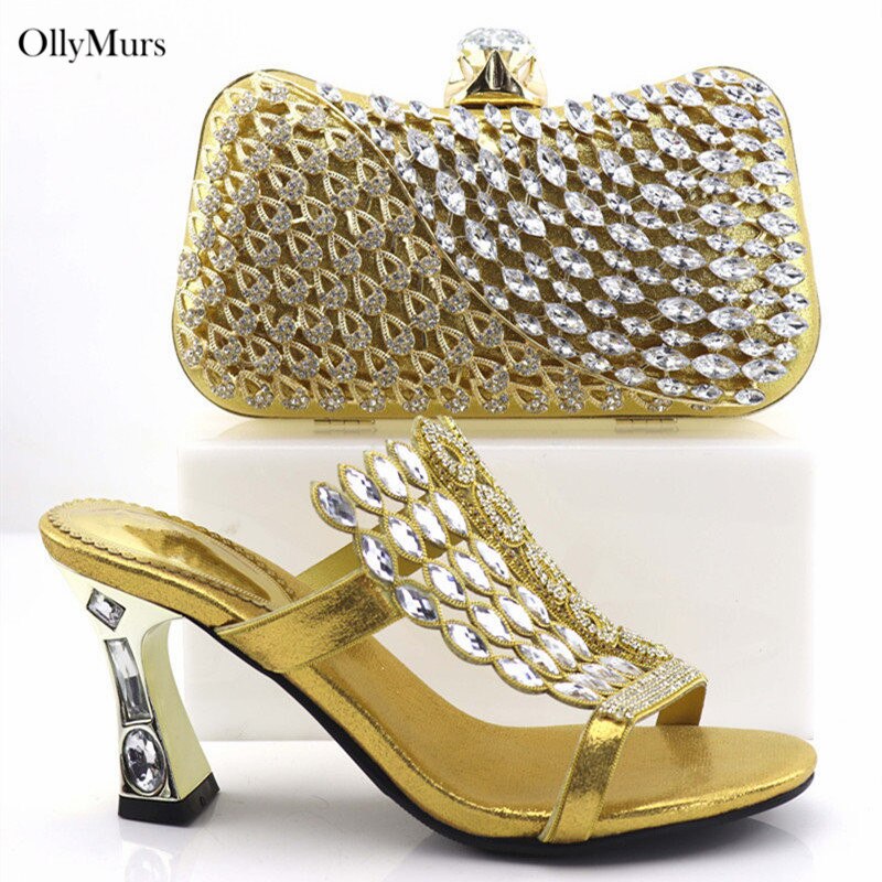 Hot Sale Fashion Square Heels Shoes And Bag Set African PU With Rhinestone Sandals Ladies Shoes And Bag Set For Party Dress