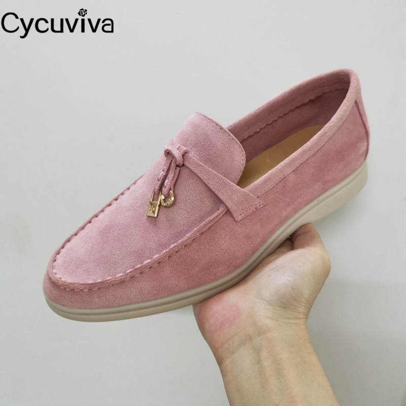 Hot Sale Kidsuede Women Flat Shoes Hanged Metal Loafers Ladies Shoes Woman Slip-on Casual Walk Shoes For Women