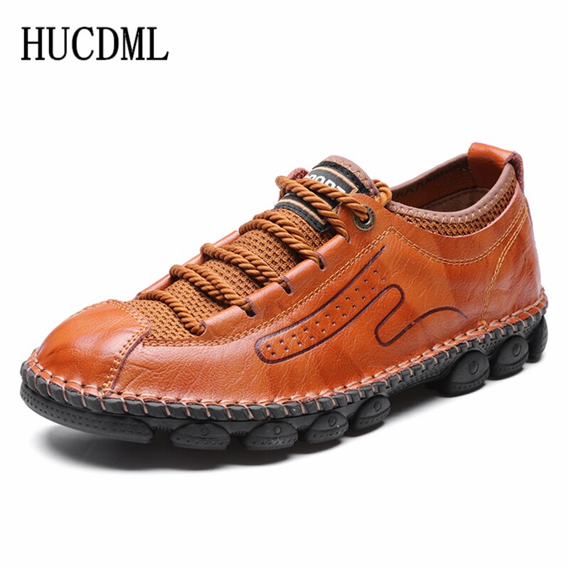 HUCDML 2020 Handmade Leather Casual Shoes for Men Lace Up Breathable Outdoor Non-slip Walking Men Shoes Big Size 38-48