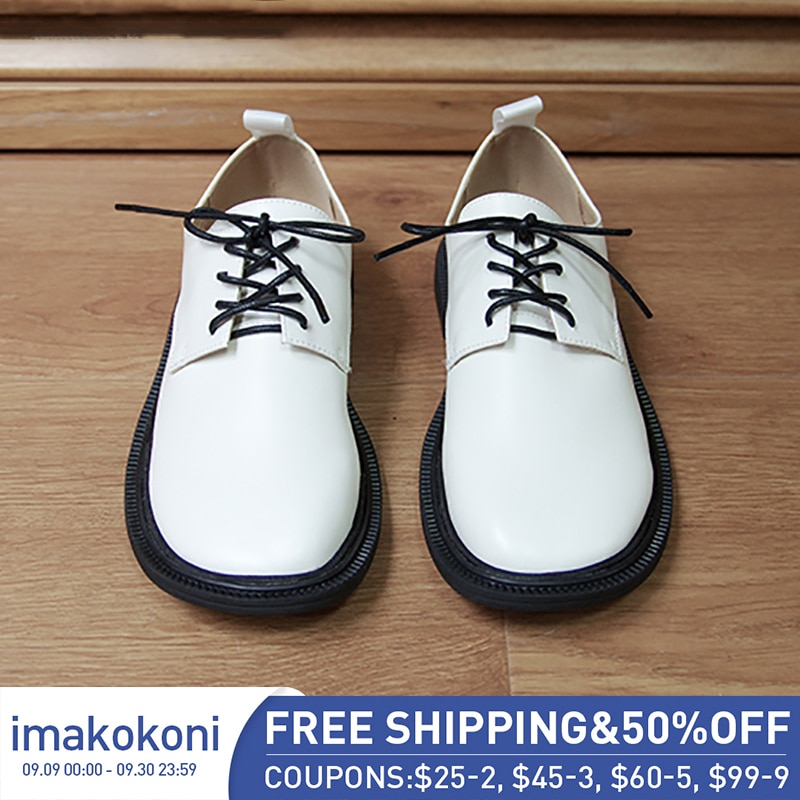 imakokoni original design white round head leather shoes female casual wild Japanese flat shoes 203077