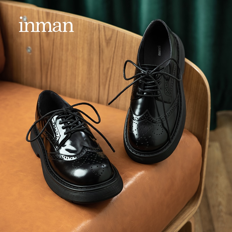 INMAN British Style Autumn Winter Brock Shoes Women Lace Up Cow Genuine Leather Vintage Retro Nude Flat Lady Hollow Out Shoes