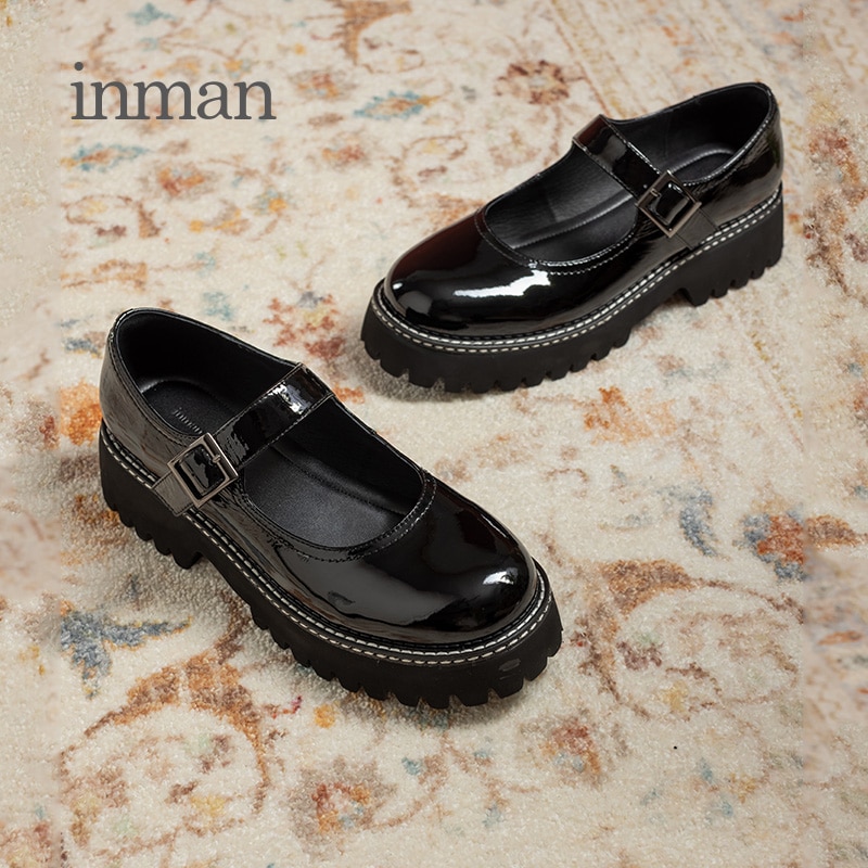 INMAN Lolita Shoes Women Cow Leather Mary Janes Round Toe Stiching Sewing Buckle Straps Ladies Thick Nude shoes Rubber Flats