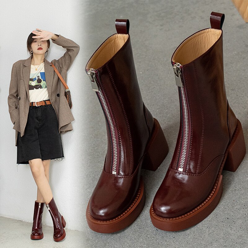 INS HOT Women ankle boots natural leather 22-24.5cm Autumn and winter Split leather Western boots with front zip women shoes
