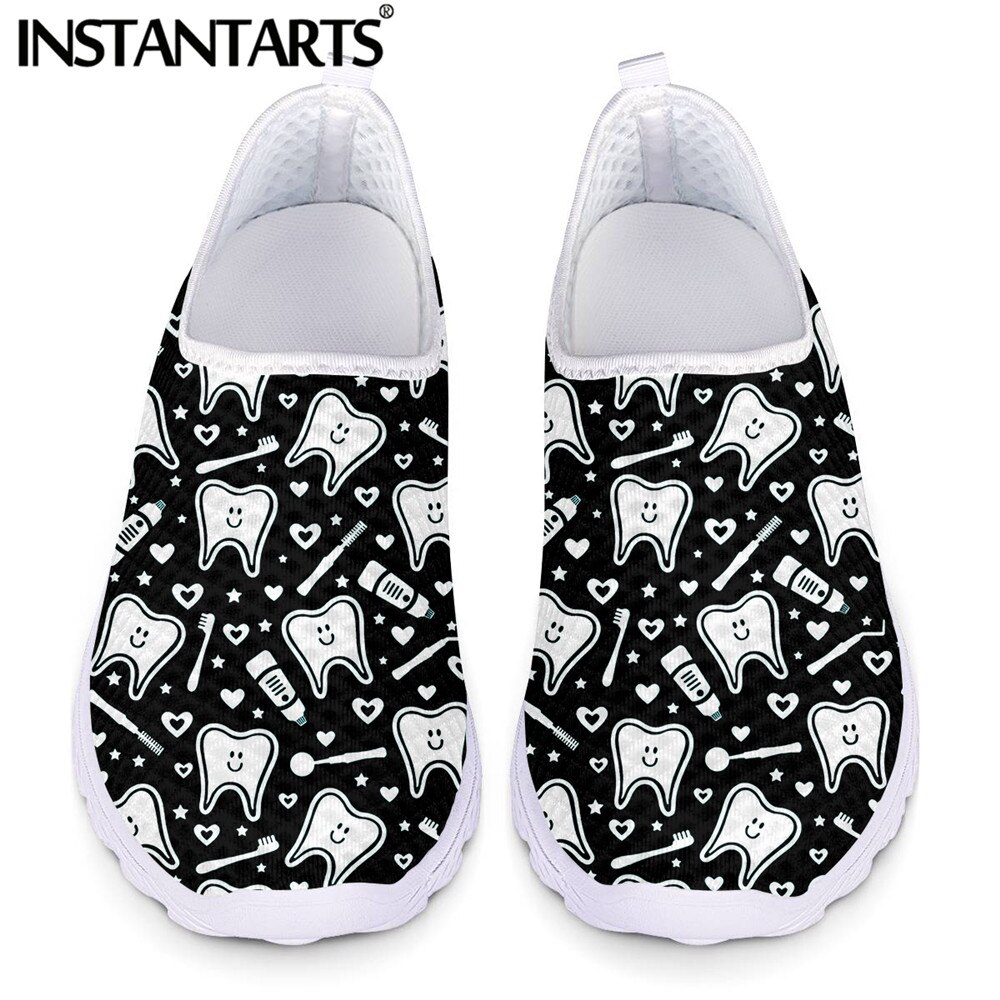 INSTANTARTS 2021 Hot Sale Girls Flat Shoes Cute Tooth With Toothbrush Cartoon Pattern Women Mesh Sneakers Casual Slip-on Loafers