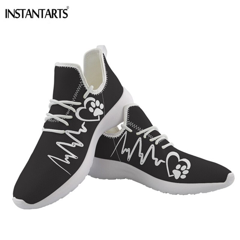 INSTANTARTS Dog Heart Rate Print Flats Shoes for Girls Casual Autumn Footwear Fashion Design Walking Sneakers Women Lace Up Shoe