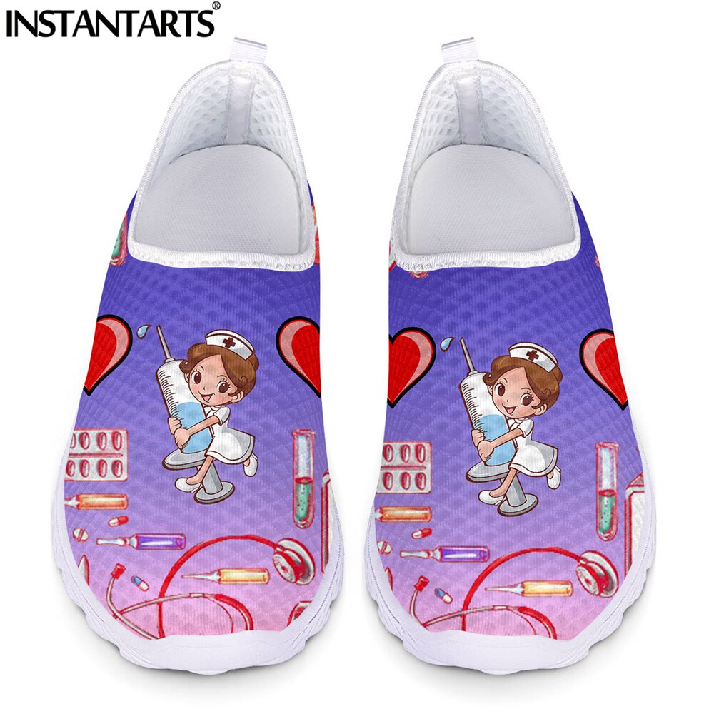 INSTANTARTS Hot Sale Women Slip-on Flat Shoes Gradient Color Nurse With With Medical Supplies Cartoon Pattern Girls Loafers Hot