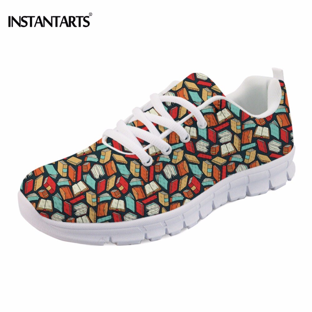 INSTANTARTS Women Casual Flats Fashion Breathable Walking Mesn Lace Up Flat Shoes Cartoon Teacher Book Lovers Pattern Sneakers