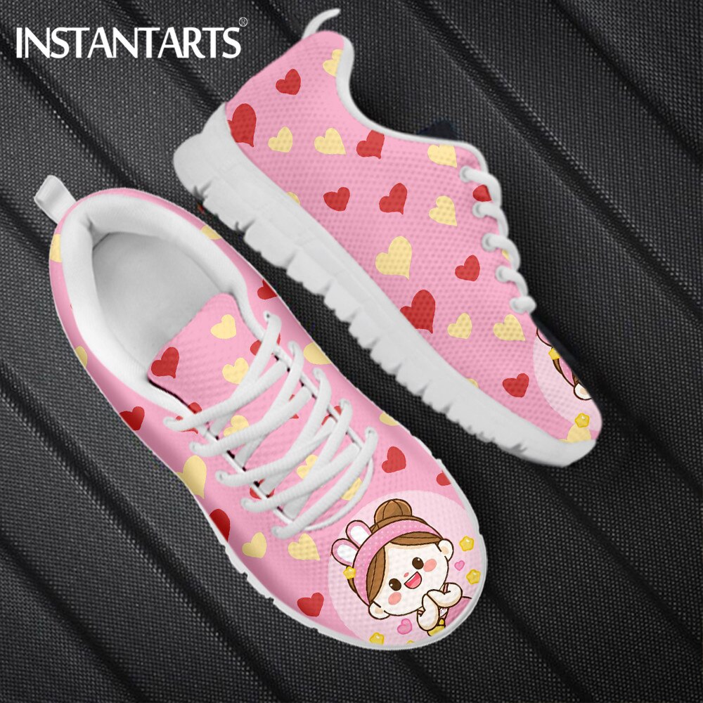 INSTANTARTS Women Lace up Casual Sneakers Cheerful Cute Girl Greeting Cartoon Femme Flat Shoes Comfort Footwear Zapatillas 2021