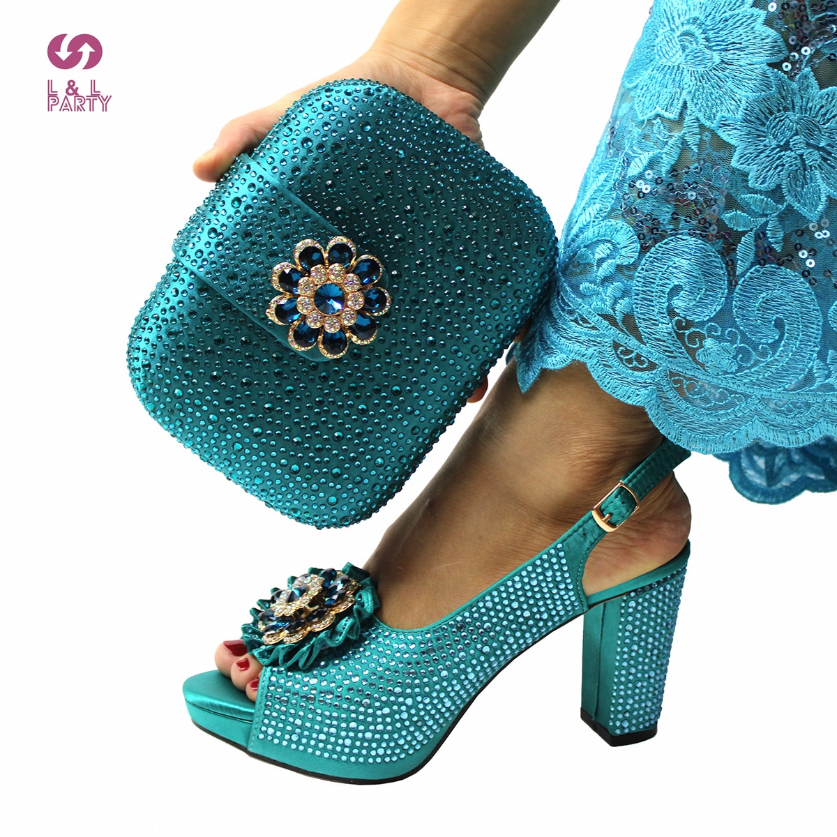 Italian Women Party Shoes and Bag Set in Teal Color High Quality Comfortable Heels with Shinning Crystal for Christmas