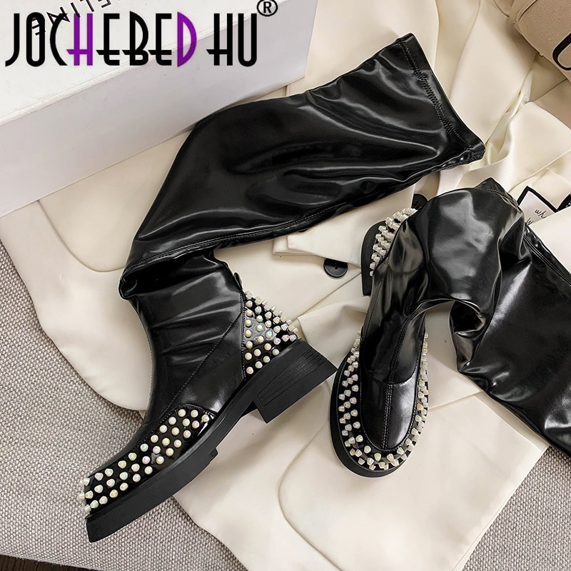 【JOCHEBED HU】New Fall Winter Women Black Leather Willow nail High Heels Knee High Fashion Designer Slip On Boots Shoes 33-41
