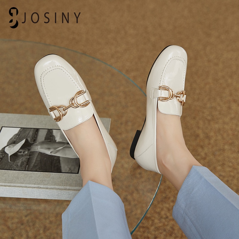 JOSINY Women Flat Genuine Leather Shoes Vintage Metal Ring Buckle Slip-On Loafers Women Shoes Low Heels Shoes Female Casual