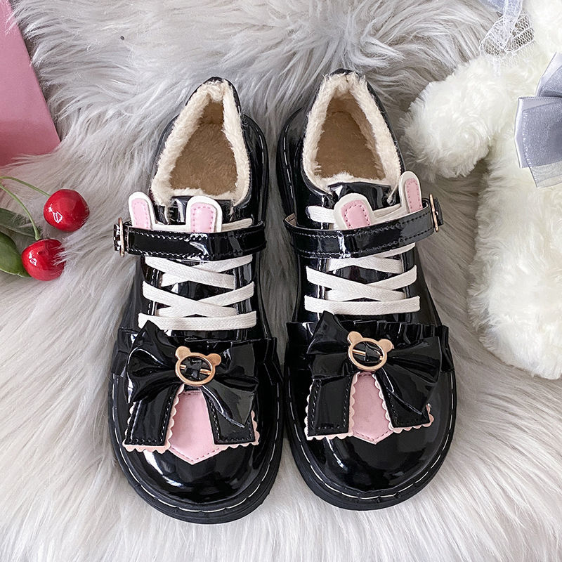 Kawaii Winter Plush Women Lolita Shoes British Style Patchwork Bow Mary Janes Lovely Buckle Zapatillas Mujer Students Footwear