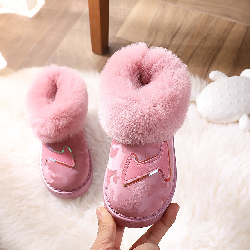 Kids Snow Boots Fur Lined Slip-On Warm Girl Snow Boots Waterproof Winter Stylish Walking Shoes for Toddler