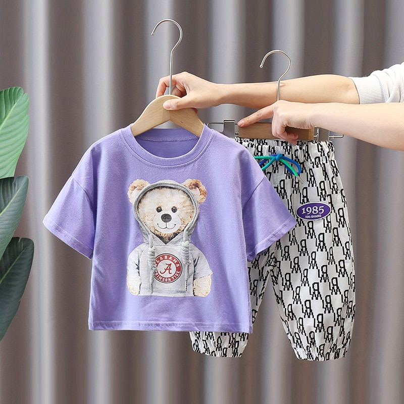 Kids Summer Clothes Korean Cartoon Bear Loose Short Sleeved T-shirts + Trousers Childrens Infant Clothing Outfits Jogging Suits