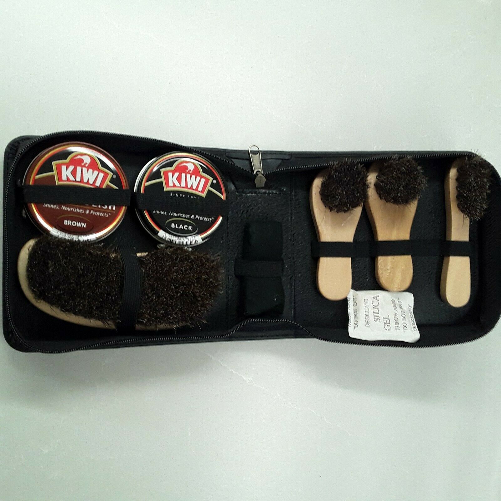 Kiwi Leather Care Travel Kit Black/Brown Dress Shoe Polish Shine Brush