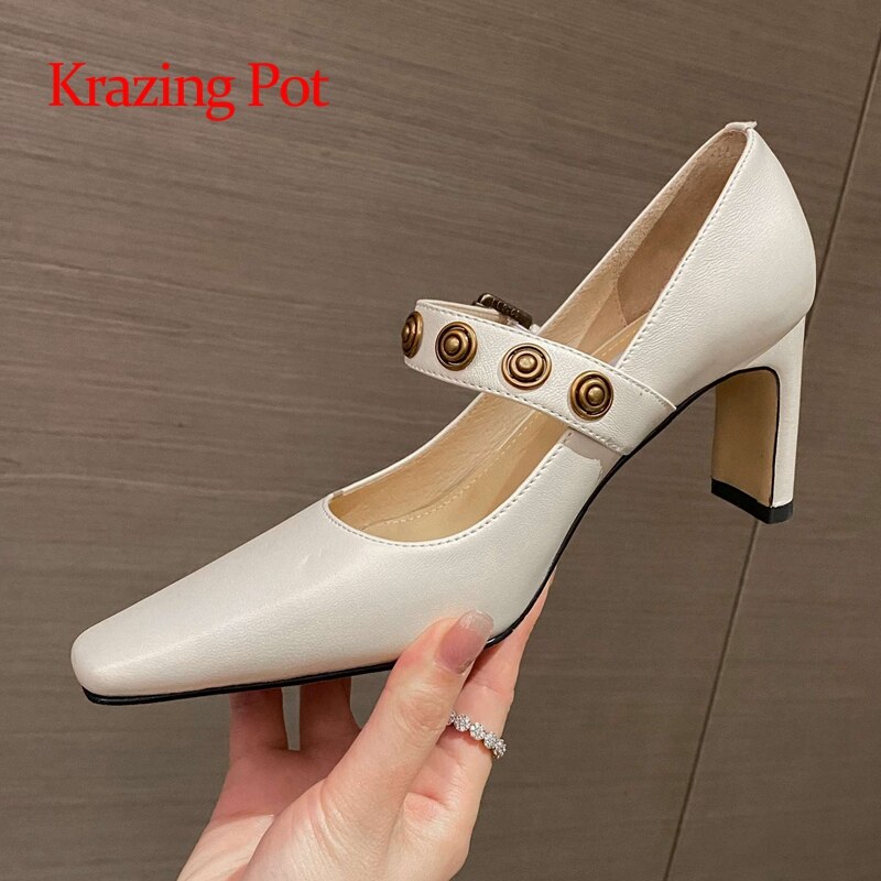 Krazing Pot sheep leather square toe high heels buckle strap brand shoes young lady streetwear fashion classic women pumps L44