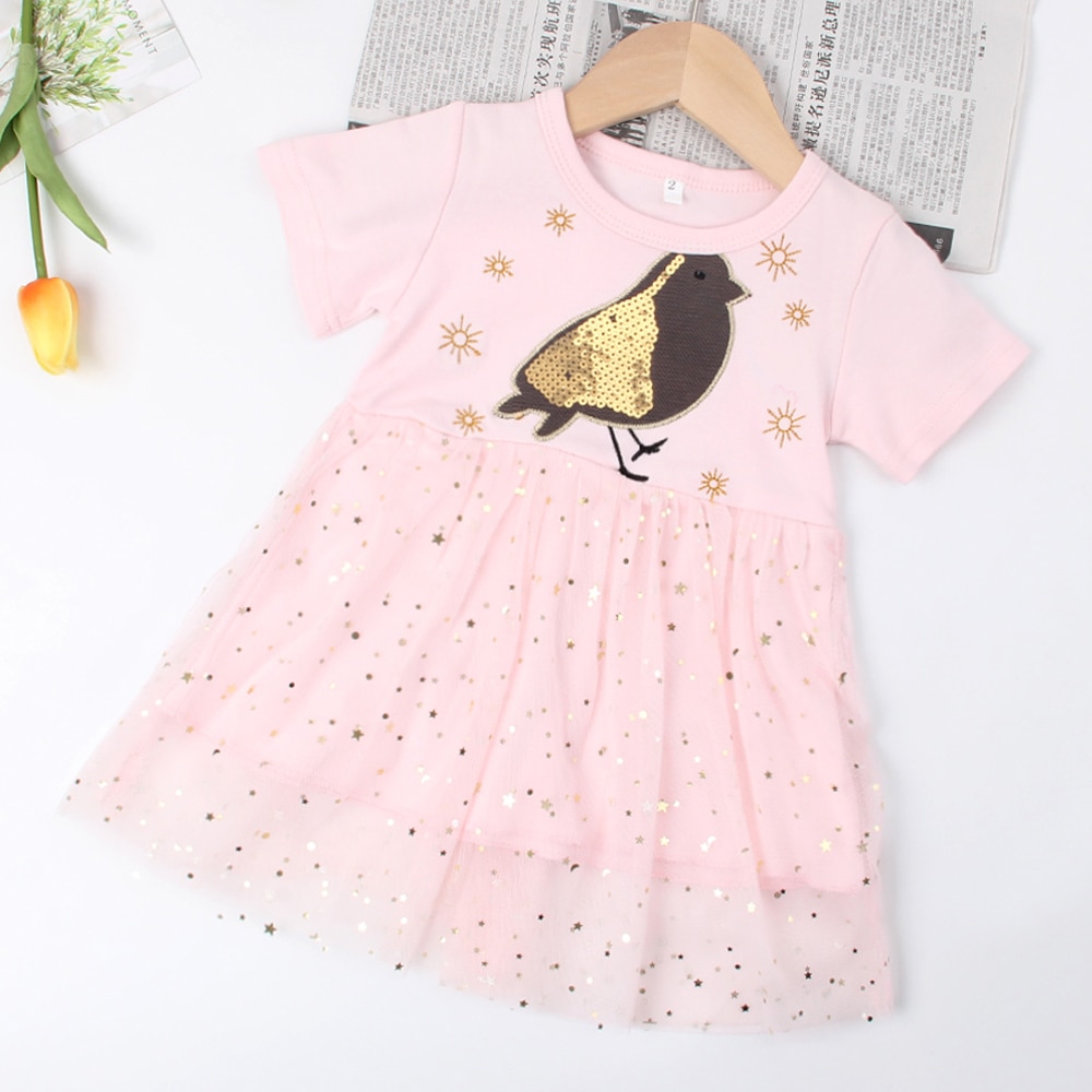 Lace Cartoon Printing Kids Dress Summer Floral Girl Short Sleeve Dress Childrens Fashion Cosy Casual Clothing Princess Dresses