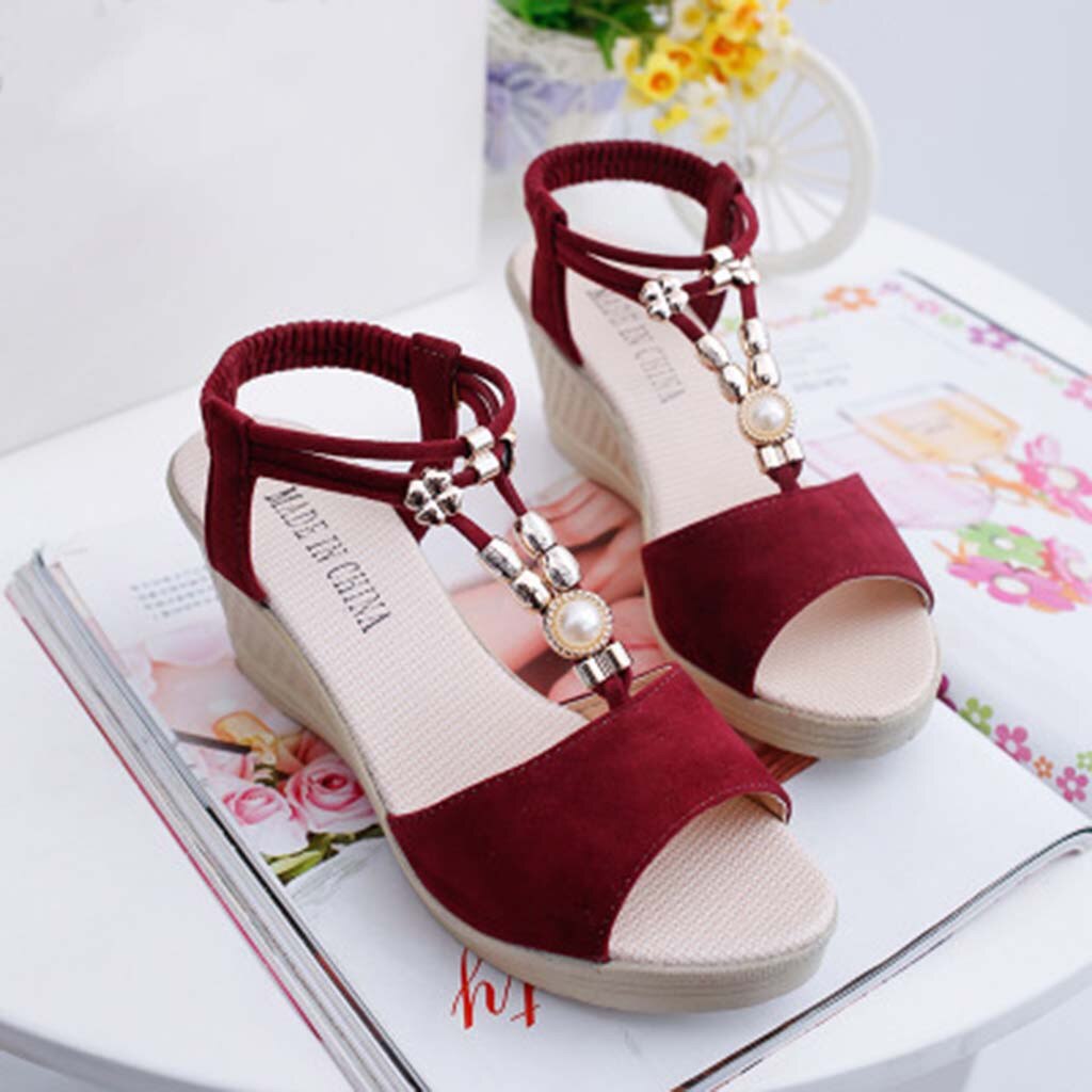 Ladies Wedge Sandals 2021 Luxury Rhinestone Platform Sandals Female Comfort Flock Sandalias Koturny Girls Summer Dress Shoes Red