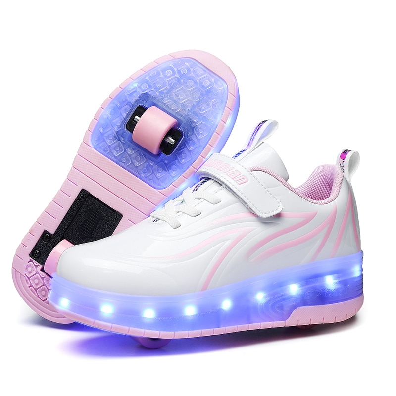 Led Light Up Wheel Sneakers for Kids Boy Girl USB Light Up Roller Shoes with On Double Wheels Children Boys Girls Skate Shoes