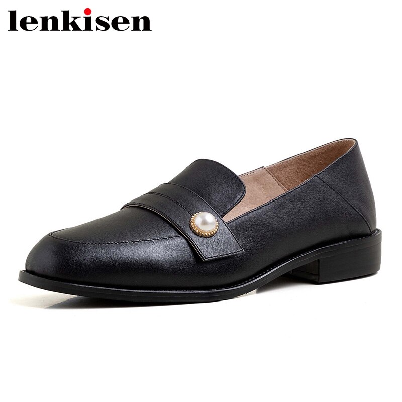 Lenkisen hot full grain leather loafer round toe low heel slip on shoes women pearl decorations simple wild young lady pumps L32