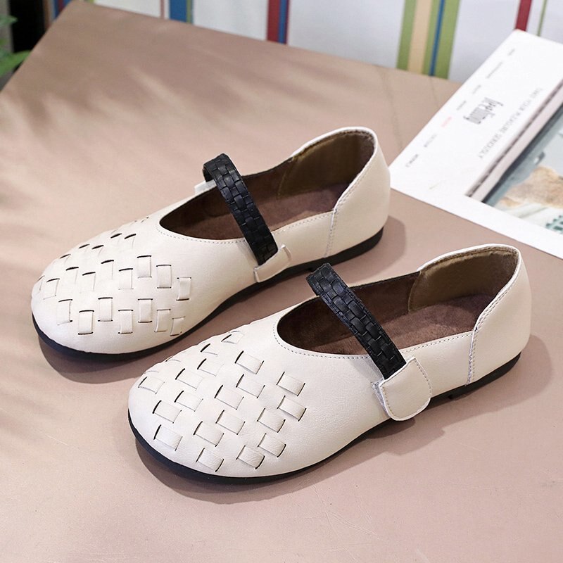 LLOGAI Spring Slip on Women Shoes Hollow Breathable Leather Moccasins Flats Shoes Female Handmade Hook Loop Black Brown Casual