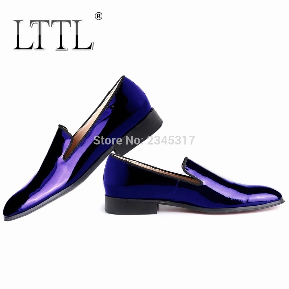 LTTL Designer Brand Royal Blue Patent Leather Loafers Men Dress Shoes Fashion Slip On Casual Men's Flats Party And Prom Shoes