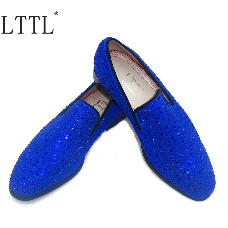 LTTL Fashion Royal Blue Rhinestone Loafers Slip-on Leather Men Dress Shoes Handmade Casual Shoes Men's Wedding And Prom Shoes