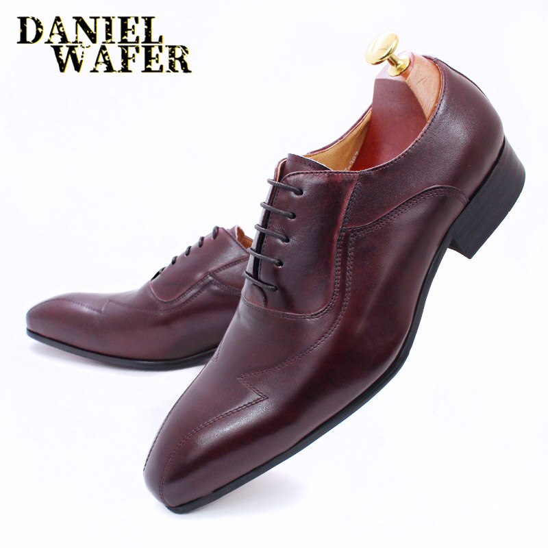 LUXURY MEN'S OXFORD SHOES GENUINE LEATHER FASHION STYLE DRESS SHOES BLACK BLUE BURGUNDY LACE UP WEDDING OFFICE FORMAL MEN SHOES