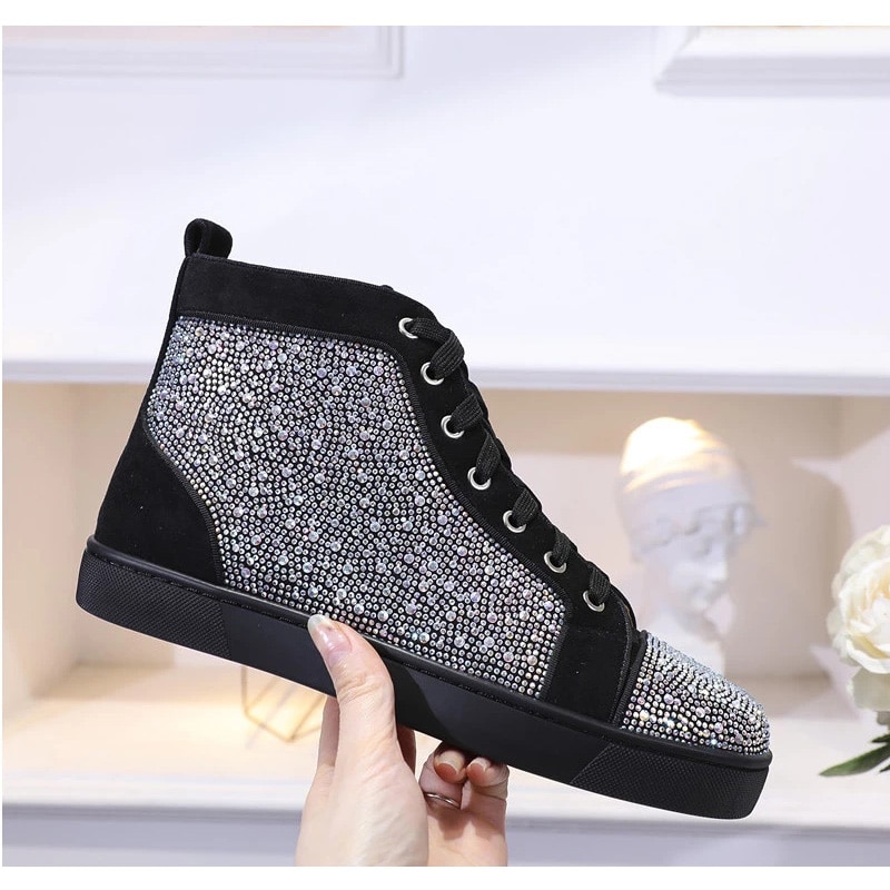 Luxury Rivet Shoes Rhinestone Trendy Shoes For Men And Women Rhinestone Silver High-top Boots Lace-up Flat Boots High-top Shoes