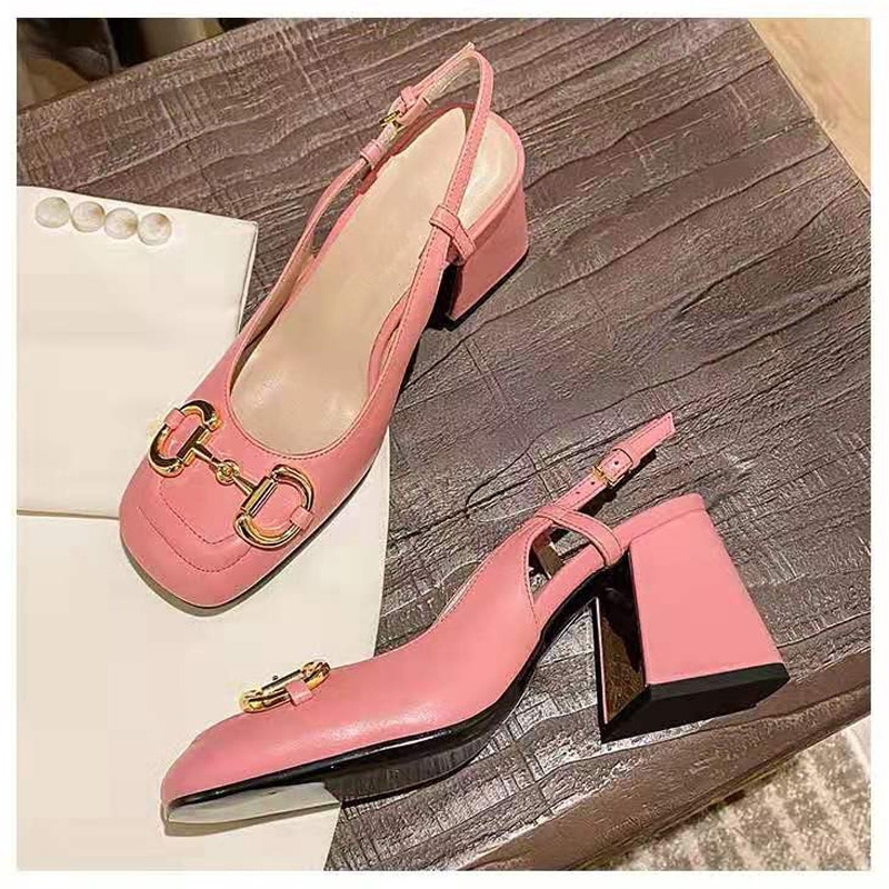 Luxury Shoes Back Empty Toe Sandals 2021 New Female French Horsebit High Heels White Square Toe Thick Heel Mary Jane Shoes