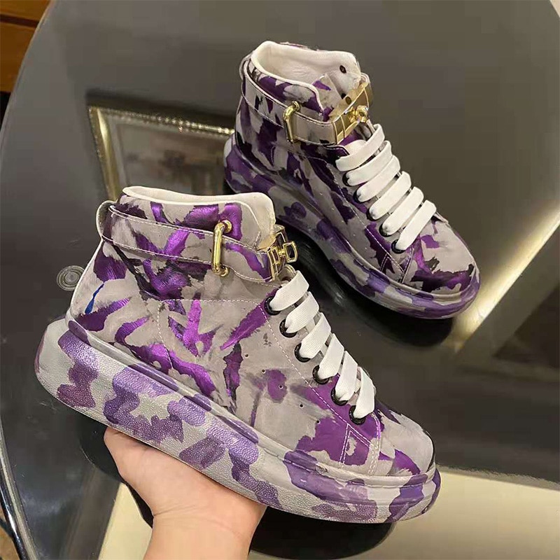 Luxury Shoes Lock Shoes High-top Couple Shoes Graffiti Painted Camouflage White Shoes Korean Leather Women's Sneakers Autumn
