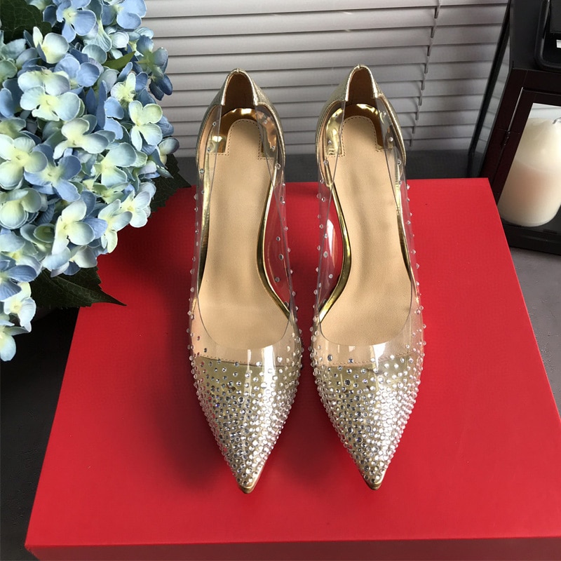 Luxury Spring 2021 New Pointed Sexy Transparent High Heels Stiletto Rhinestone Shallow Mouth Sexy Banquet Single Shoes Women